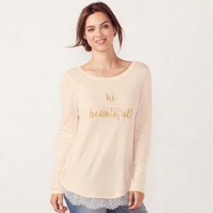 LC LAUREN CONRAD Sweater Crewneck Hi-Low Lace Long Sleeve Graphic Pink Large